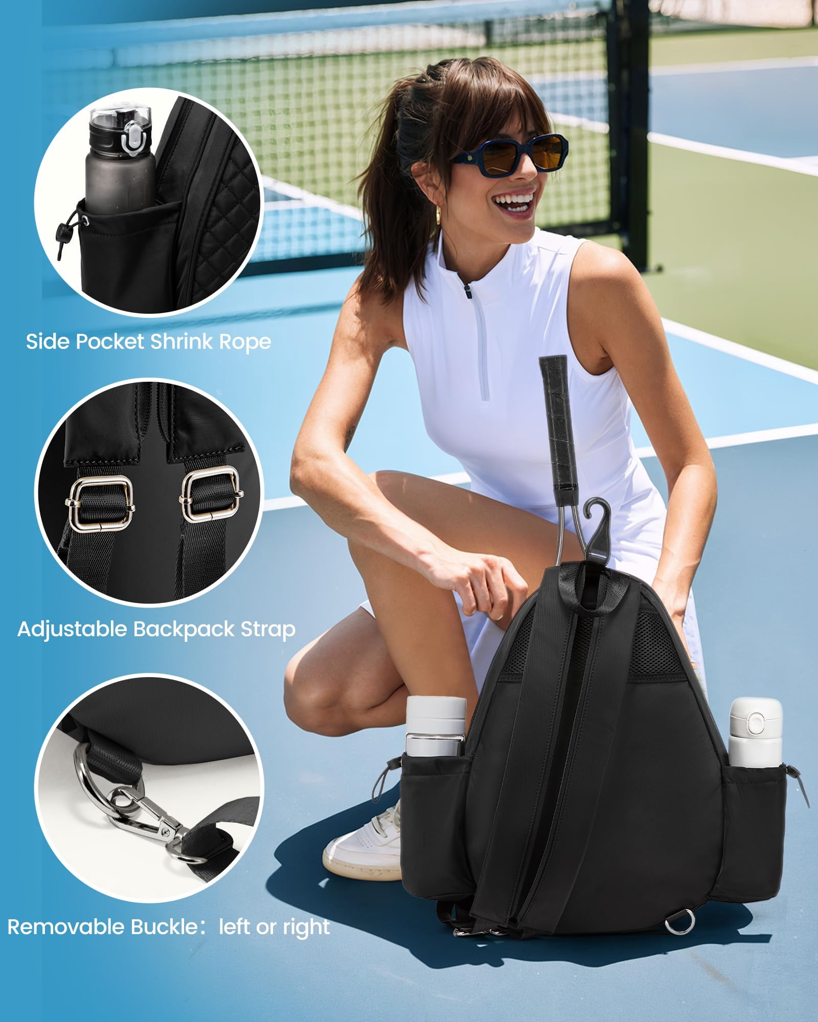 Omlopp Tennis Bag, Quilted Tennis Sling Crossbody Backpack, Water Resistant Tennis Racket Bags for Women Men, Suitable for Pickleball Tennis Badminton