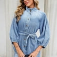 thumbnail image 3 of SETOOFF Womens 3/4 Length Sleeve Tops Denim Blouses Stand Collar Button Front Belted Waist Puff Sleeve Casual Shirts Women Spring Fall Travel Daily Outfit, 3 of 6