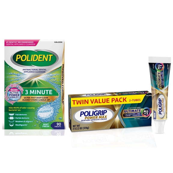 Polident 3 Minute Denture Cleanser Tablets, 90 Count and Poligrip Power Max Ultimate All‑In‑1 Denture Adhesive Cream, 2 x 2.2 oz Bundle