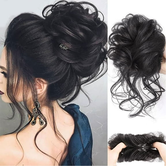 Black Messy Bun Hair Piece Tousled Updo Hair Extensions Wavy Curly Elastic Synthetic Ponytail Tendrils Thick Scrunchies for Women Girls Daily Wear