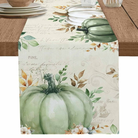 Sage Green Pumpkin Table Runner 90 Inches Long for Dining Table Decor,Thanksgiving Autumn Eucalyptus Burlap Linen Farmhouse Table Runner Coffee Table Runners Dresser Scarf for Kitchen Party Holiday