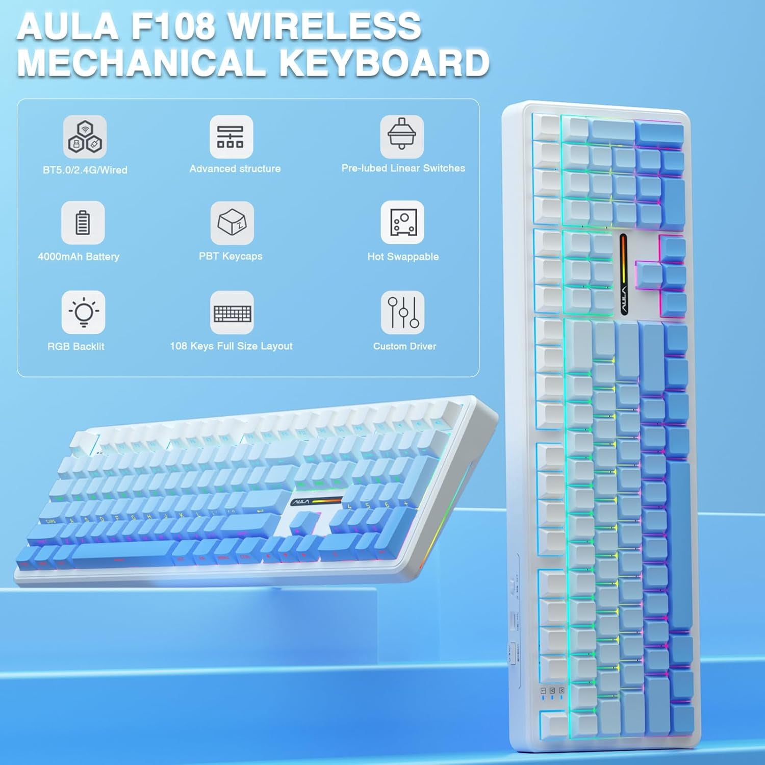 Restored Aula F108 Wireless Mechanical Keyboard, BT5.0/USB-C/2.4GHz Hot Swappable Custom Gaming Keyboards, PBT Keycaps, Pre-lubed Switches, RGB Backlit Full Size Creamy Keyboard with Number Pad (Refurbished)