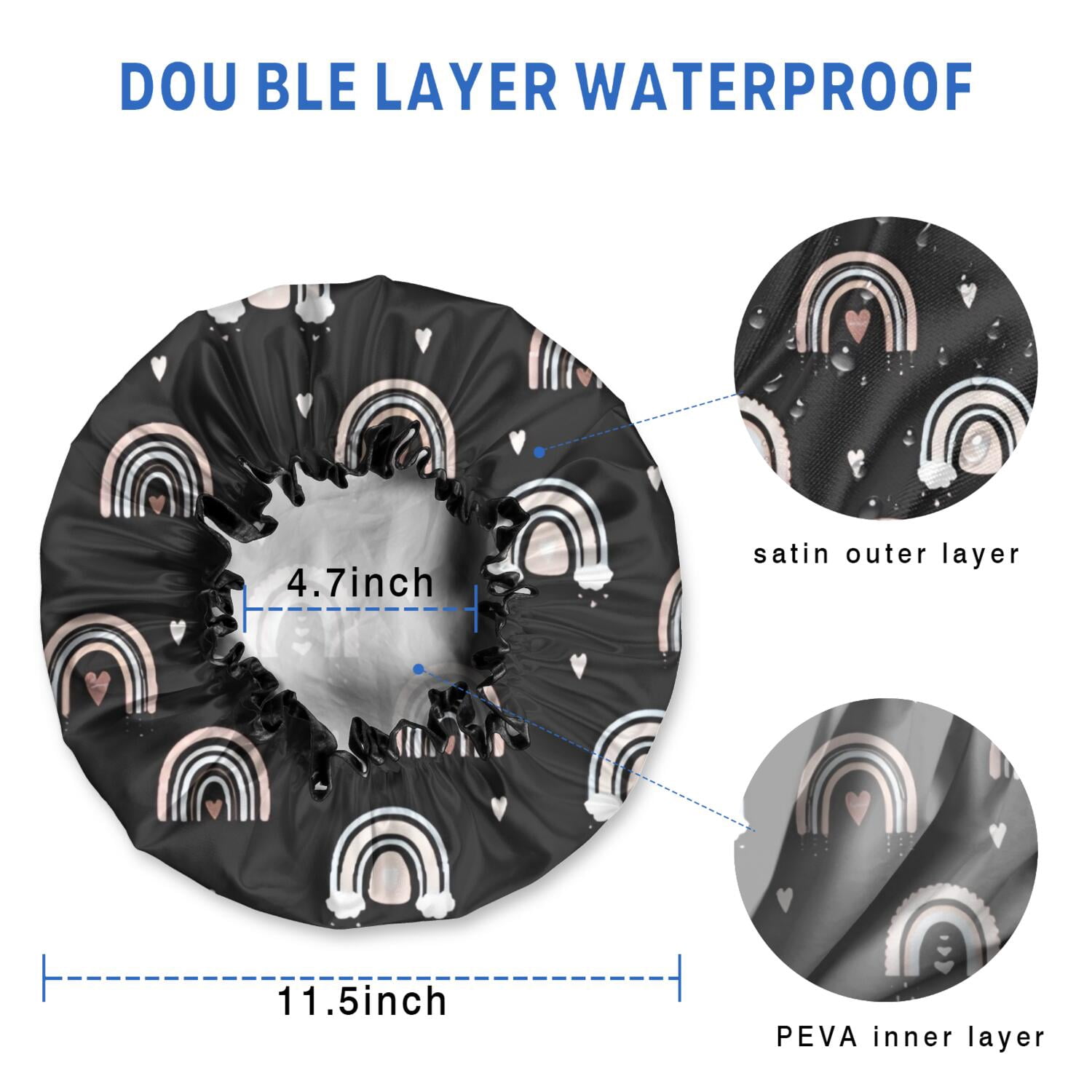 Shower Caps,Black Boho Bohemia Rainbow Hearts Pattern Waterproof Shower Cap for Women 4 Pieces,Double Reusable Hair Cover for Shower PEVA Elastic Stretch Hem