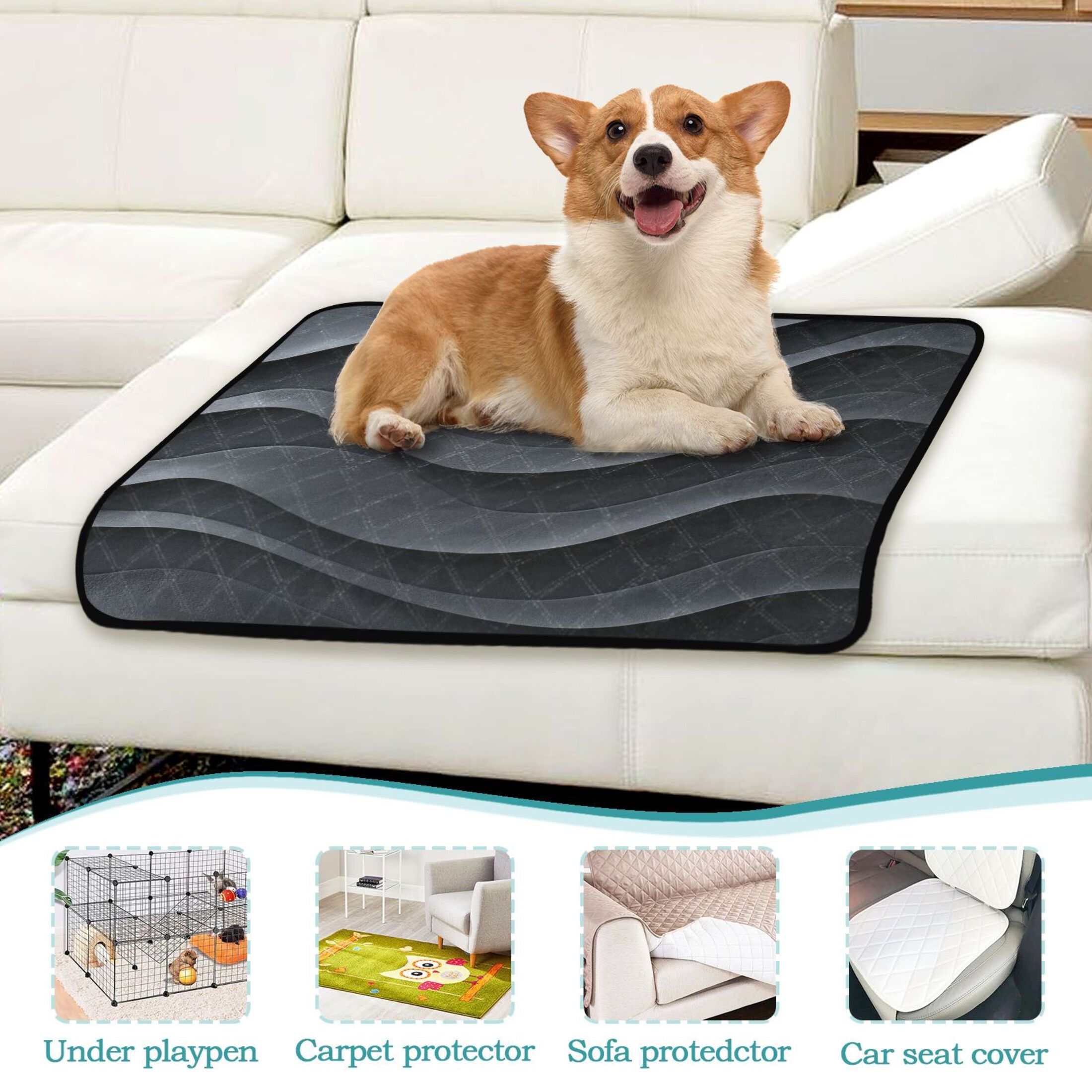 Washable Pet Pee Pads with Super Absorbent Reusable Training Pads for Dogs & Cats Dark Gray Wave Pattern