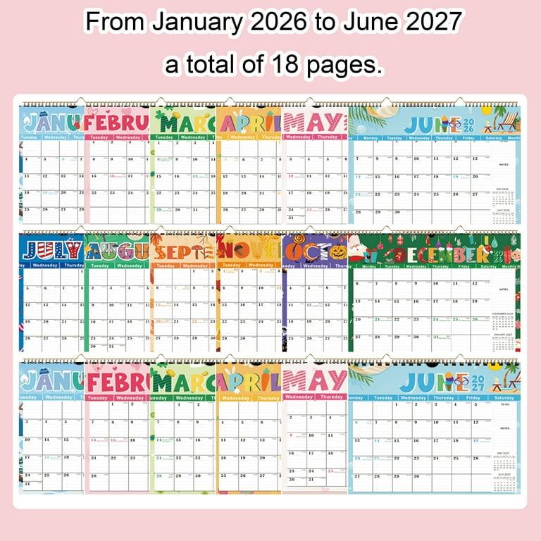 Diymag Parper Calendar, Jan. 2026 Jun. 2027 Calendar, 14.6 x 11.8in Paper Calendar with Memo Space for Anniversaries/Festivals/Events