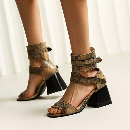 

Cathalem Ladies Fashion Snakeskin Leather Hollow Open Toe Thick High Heel Hook Loop Roman Sandals Womens Beachwear Sandals Brown 9