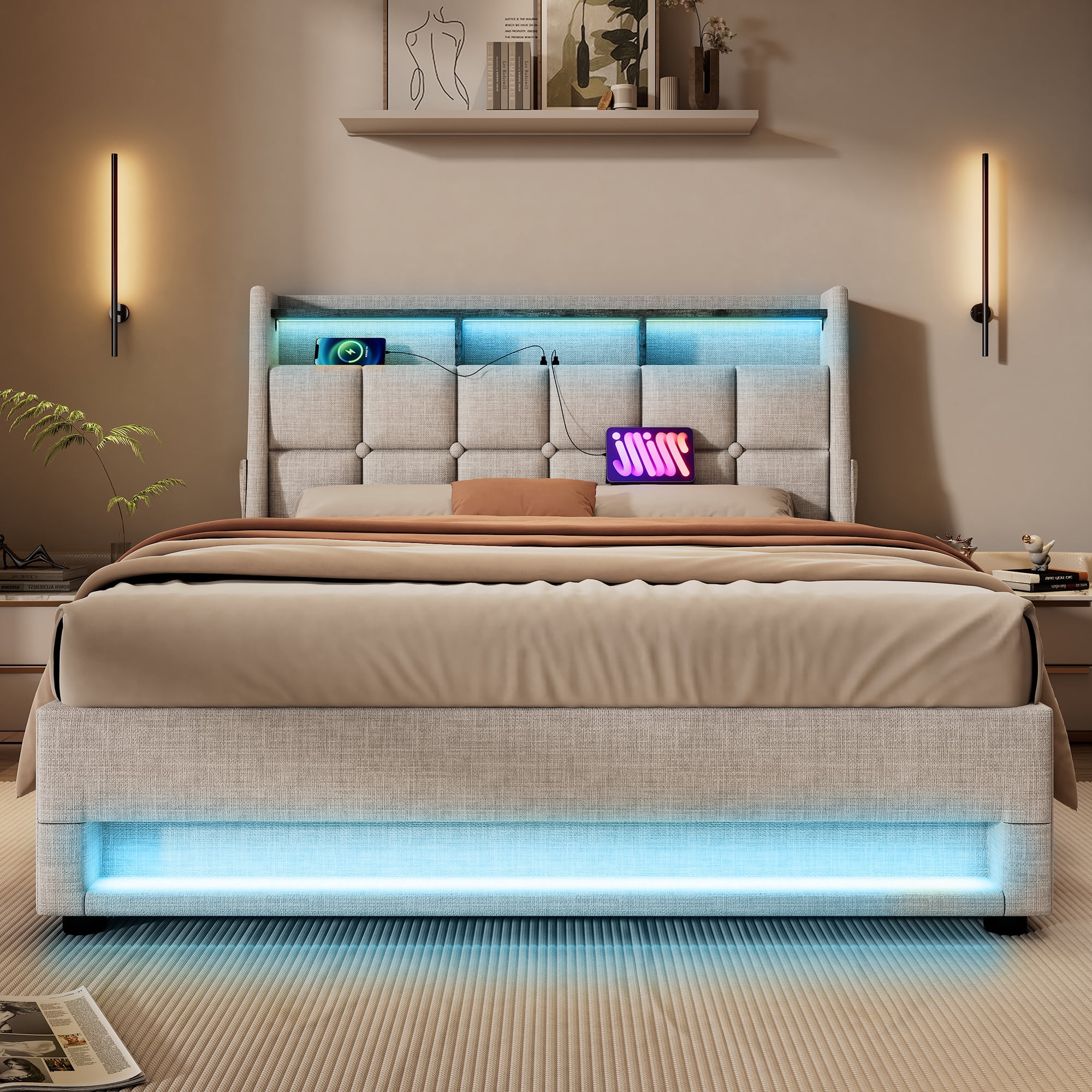 Queen size Platform bed with Hydraulic Storage, LED and Charging Station, No Box Spring Needed