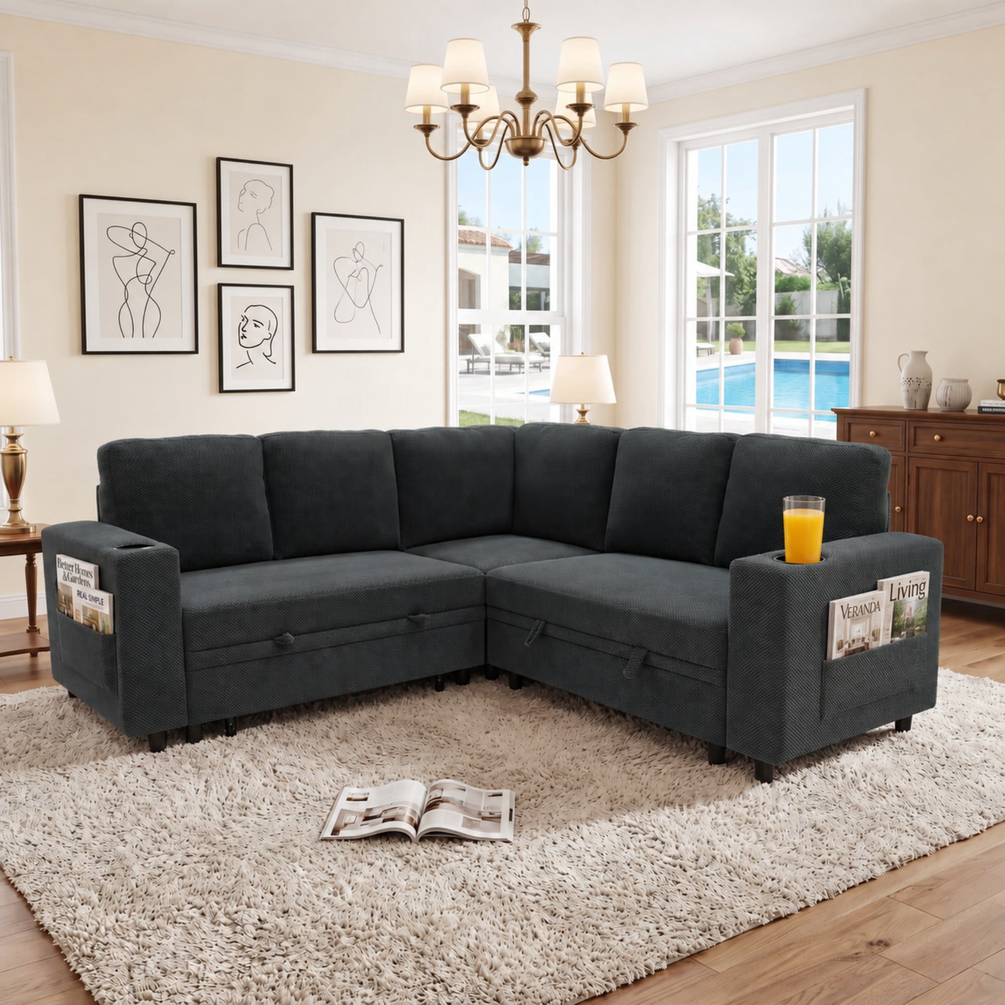 BSHTI 76.5" Polyester L-Shaped Sectional Sofa Bed with Hidden Storage, Cup Holders, Side Pockets, Pull-Out Design for Living Room(Dark Gray)