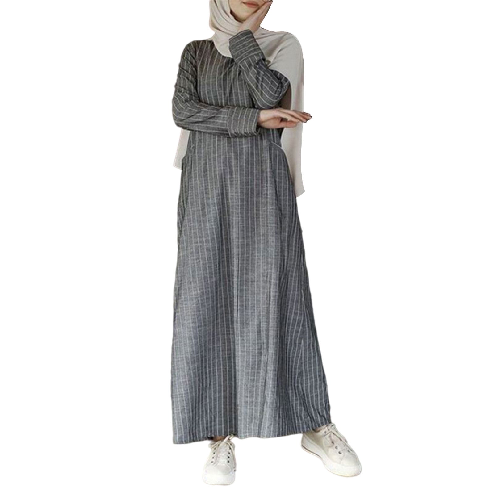 Women Muslim Cotton Linen A Line Maxi Dress Long Sleeve Striped Abaya Turkey Hijab Robe Islamic Kaftan with Pockets Walmart