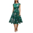 thumbnail image 2 of Xaqiouau Womens Floral Midi Dress Cap Sleeve Casual Summer A Line Dress Crew Neck Fit and Flare Belted Party Wedding Guest Dress, 2 of 9