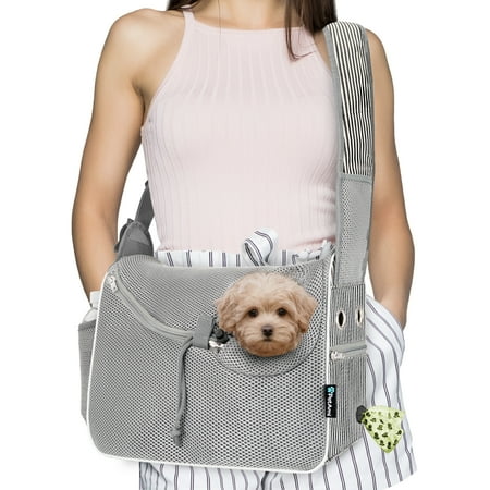 PetAmi Small Dog Sling Carrier  Soft-Sided Crossbody Puppy Carrying Purse Bag  Adjustable Sling Pet Pouch to Wear Medium Cat Travel  Dog Bag for Traveling Breathable  Poop Bag Dispenser  Stripe Black