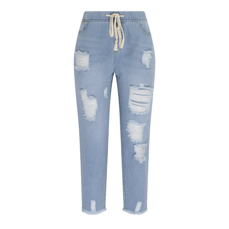 Distressed Denim Pants for Women Plus Size Raw Hem Skinny Wash Jeans Solid  Color Buckle Waist Capri Trousers with Pockets