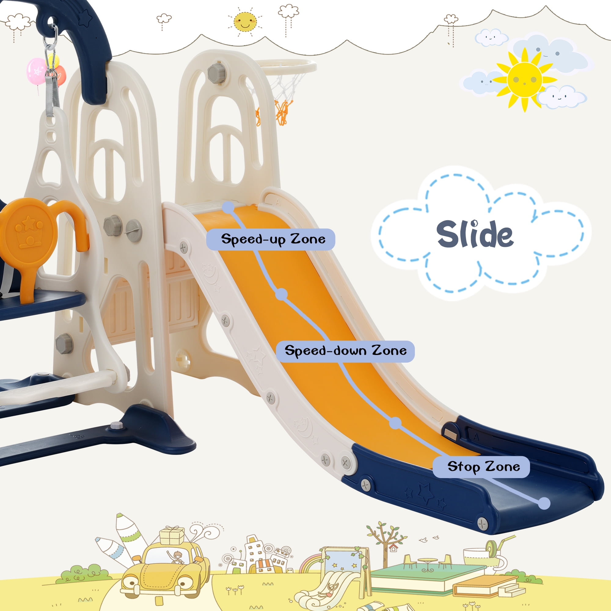 Toddler Slide and Swing Set 3 in 1,Kids Playground Climber Slide Playset with Basketball Hoop,Alphabet Themed Slide, Freestanding Combination for Babies