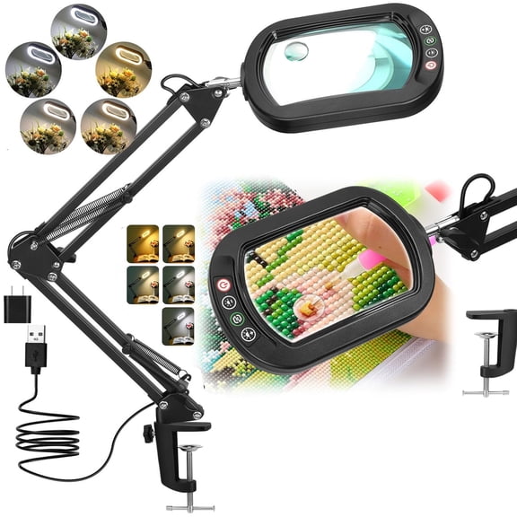 Magnifying Glass with Light and Clamp, Real Glass Lens 5 Color Modes Stepless Dimmable, Hands Free Adjustable Arm LED Lighted Magnifier Desk Lamp & Clamp for Crafts Reading Repair