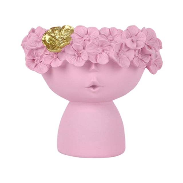 Jarrón de resina con cabeza de niña, soporte para brochas de maquillaje, escultura, jarrones florales, estatua de arte de mesa Rosa