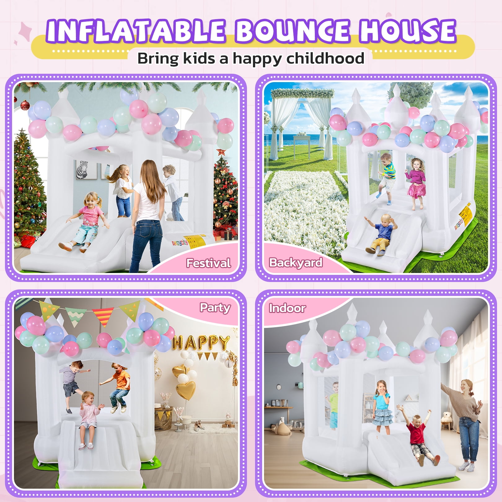Adnoom Inflatable Bounce House for Kids 3~10, Bounce House with Slide, White Jumping Castle with 210D Ground Cloth, Bouncy House for Wedding, Party, Gift Decoration, Indoor & Outdoor, without Blower