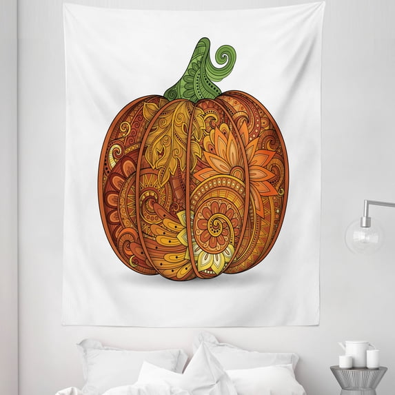 Vegetable Tapestry, Thanksgiving Pumpkin with Flowers Paisley Mandala Forms, Fabric Wall Hanging Decor for Bedroom Living Room Dorm, 5 Sizes, Dark Orange Fern Green, by Ambesonne
