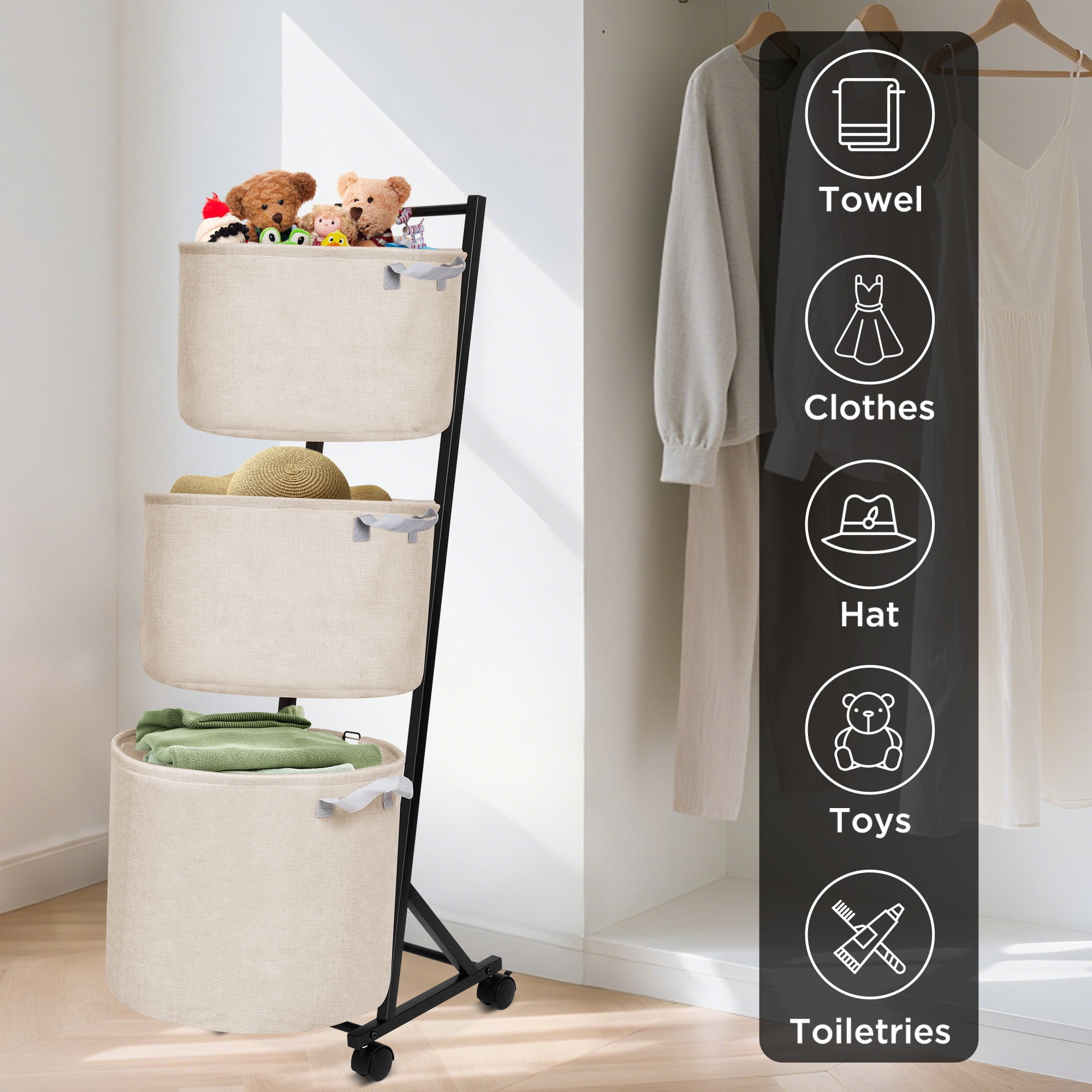 YOUPINS 3-Tier Laundry Hamper Sorter,Laundry Storage Organizer with Wheels Removable Rolling Laundry Baskets for Home,Bathroom,Dorm Laundry Room,Beige