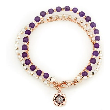 14Kt Rose Gold Flash Plated Amethyst Bracelet with Crystal Flower Charm