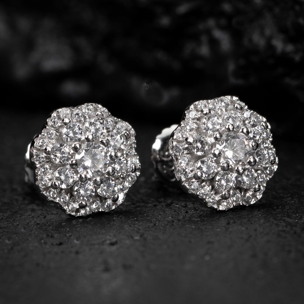 White Gold Plated 925 Sterling Silver Screw Back Post Iced Cz Round Flower Cluster Hip Hop Round Honey Comb Set Stud Earrings
