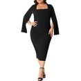thumbnail image 1 of GRACE & GRANDEUR Robe Grande Taille pour Femmes Col Carré Fendue Manches Longues Fente au Dos Robe Moulante Crayon Noir 1X, 1 of 4