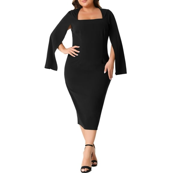 Agnes Orinda Women's Plus Size Dress Square Neck Split Long Sleeve Back Slit Bodycon Pencil Dresses 1X Black