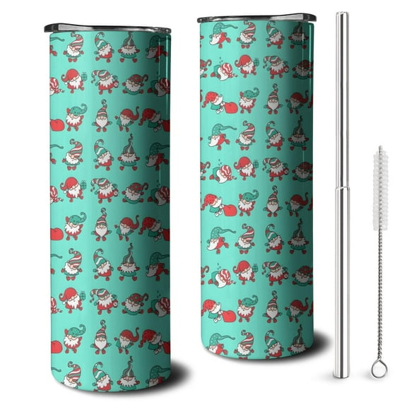 20oz Turquoise Christmas Gnome Pattern Skinny Tumblers Stainless Steel Tumbler with Lid and Straw,Vacuum Insulated Double Wall Travel Tumbler Cups with Cleaning Brush for Coffee,Tea