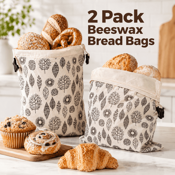 VALUNE 2-Pack 17"×13" Reusable Beeswax Cotton Bread Bags, Airtight Fresh Keeper for Homemade Bread, Freezer & Fridge Safe, Eco Food Storage