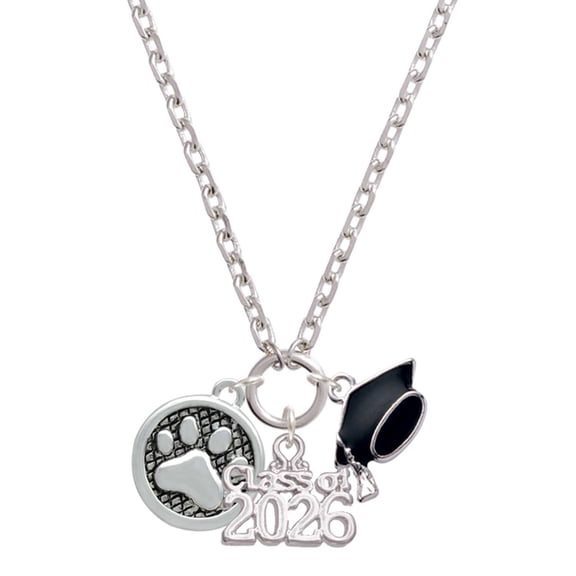 Delight Jewelry Silver-tone Paw in Circle - Class of 2026 Graduation Zoey Charm Necklace, 28"