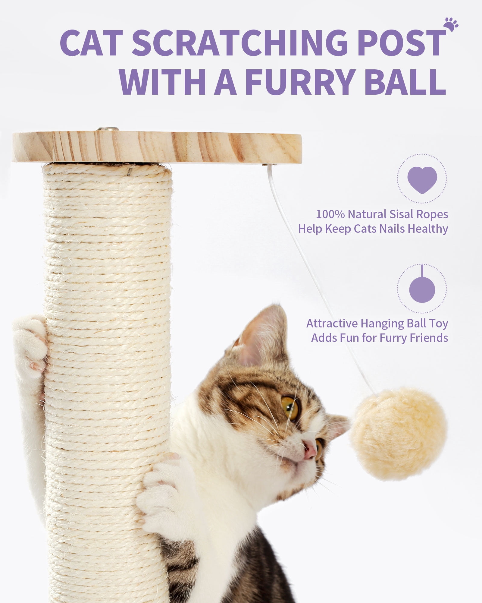 Made4Pets Beige Wooden Cat Scratching Post with Play Ball Interactive Toy，5"L x 9.8"W x 17.7"H