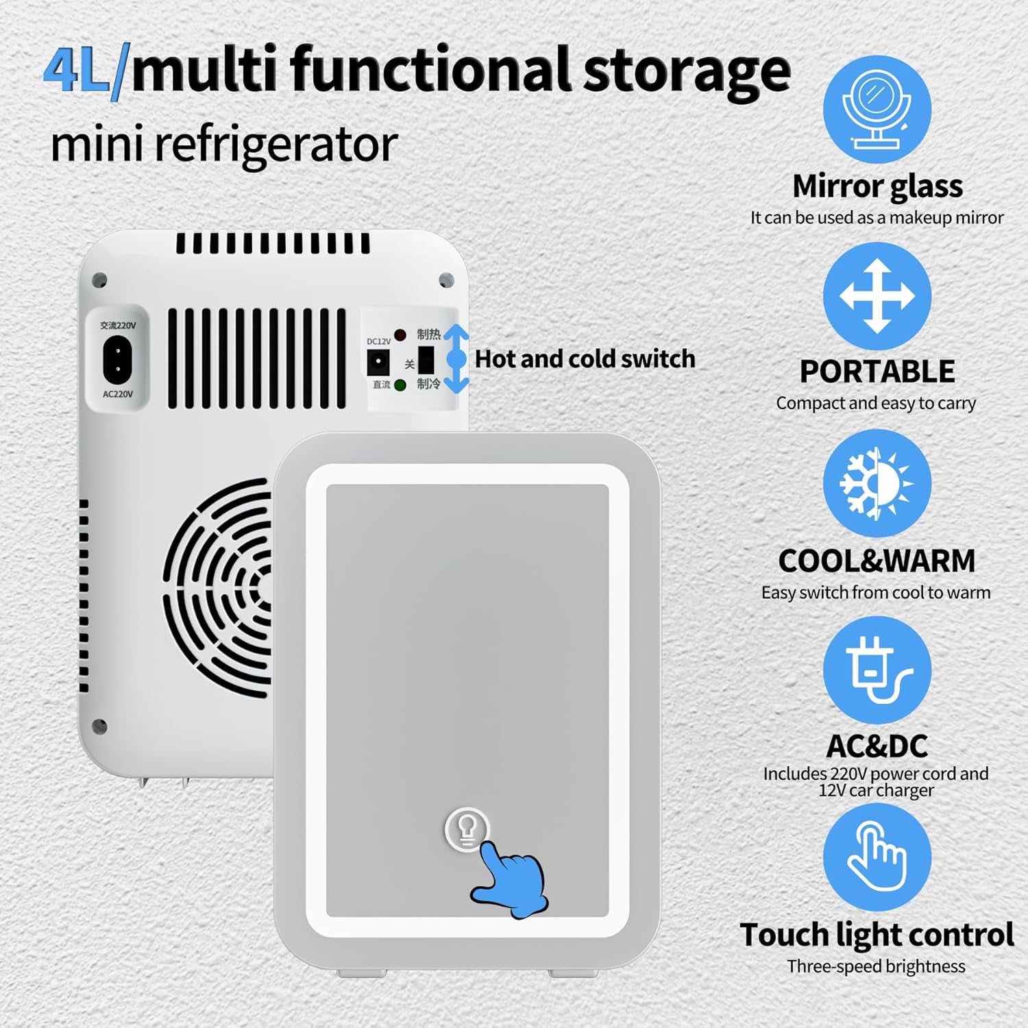 4L  Fridge with LED Mirror, Dual Cooling & Warming Function, Portable Refrigerator for Skincare, Makeup, Car and Home Use