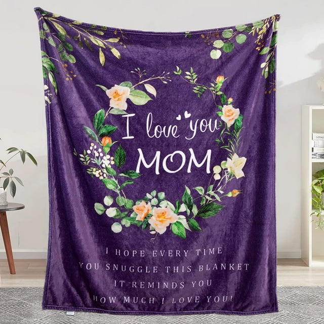 LHSHID Mom Birthday for Mom Blanket from Daughter Son Super Soft Warm and Comfy I Love You Mom Blanket Flower Women Throw Blanket Purple 30"x40"