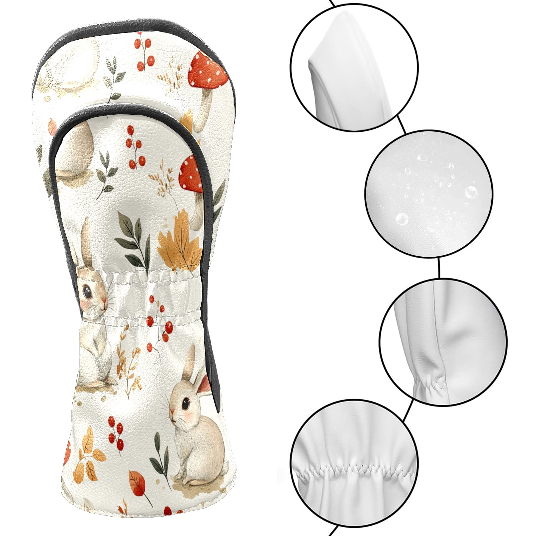 Golf Head Covers Cute Rabbit Pattern for Driver, Wood & Hybrid, Premium Waterproof PU Leather with Plush Lining, Animal Golf Gifts