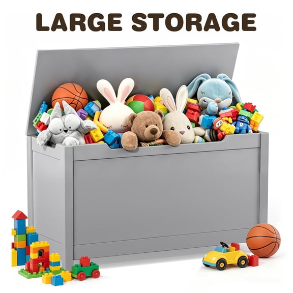 SESSLIFE Toy Storage Box with Lid, Wooden Toy Chest Seating Bench for Boys and Girls, Safety Hinged Storage Chest, Toy Organizer for Playroom Bedroom Entryway, Gray