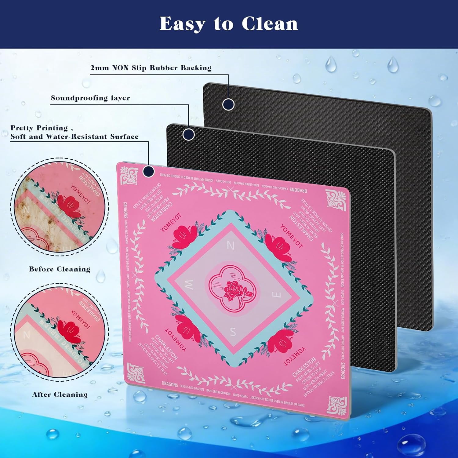 Pink Mahjong Mat 31.5"x31.5" American Mahjong Mat for Table with Printed Rules and Carry Bag Non-Slip Noise-Reducing Mahjong Table Mat Gift for Women (Pink)