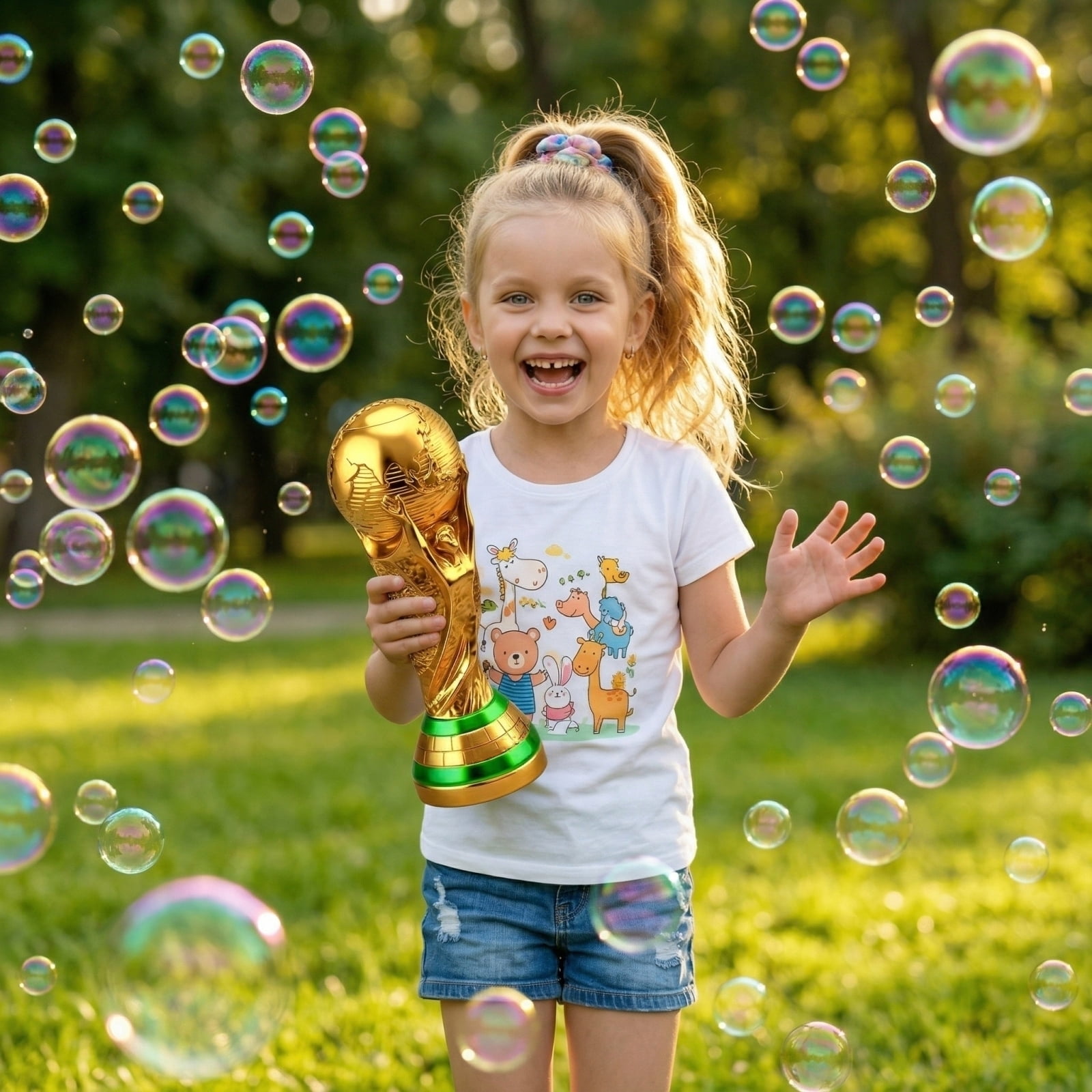 Football Trophy Bubble Machine, Automatic Sports Bubble Blower with Large Bubble Output, Portable Bubble Maker for Celebration Parties and Event Entertainment (Gold)