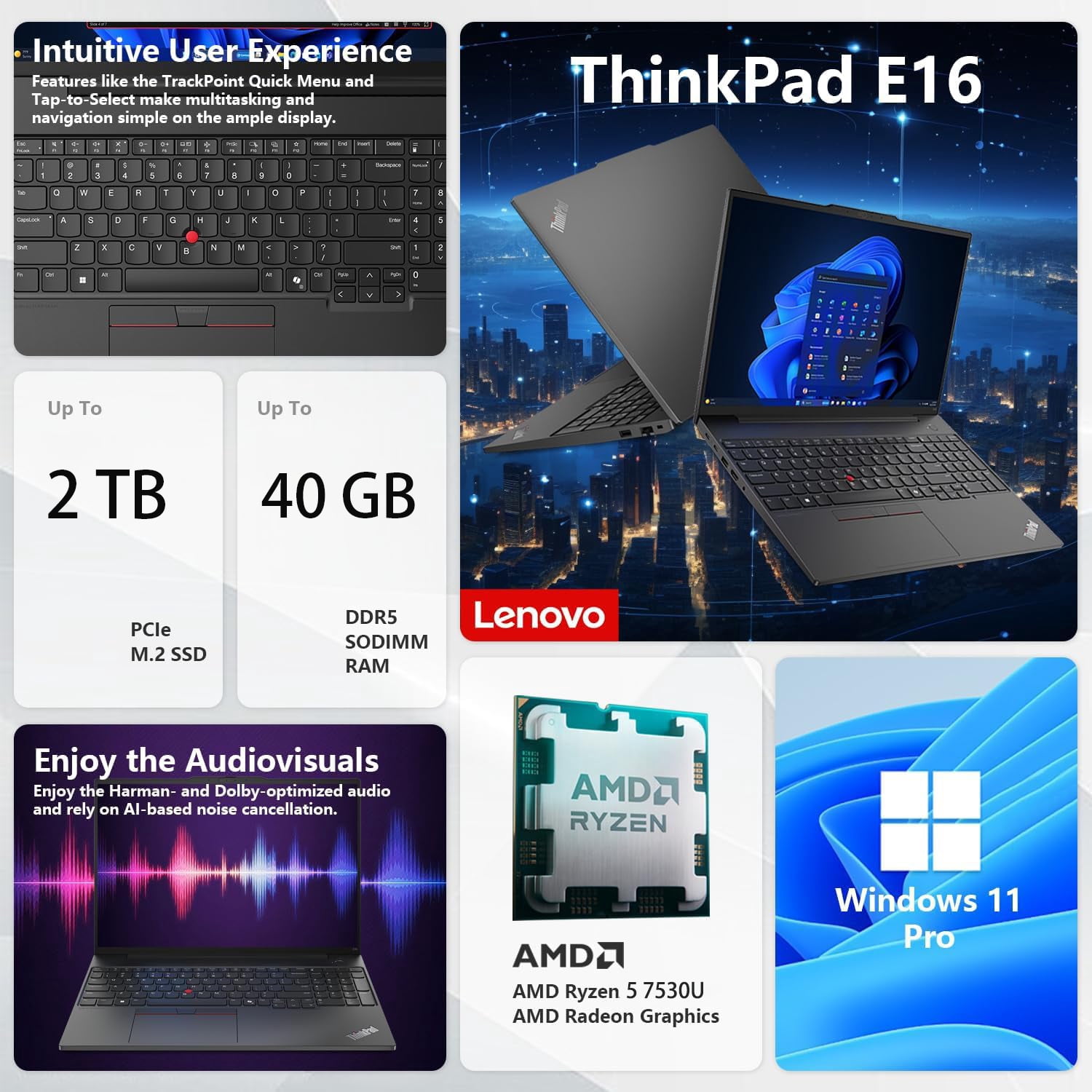 Lenovo ThinkPad E16 16" WUXGA Business Laptop, AMD Ryzen 5 7530U (Beat i7-1165G7), Up to 4.5GHz, 40GB RAM, 2TB PCIe SSD, Fingerprint, HDMI, RJ-45, Wi-Fi 6, Windows 11 Pro, Black, with 5ave Kit