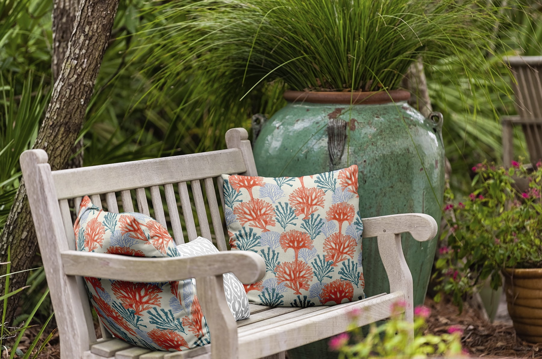 Simply Daisy 20" x 20" Blooms and Branches Indoor/Outdoor Throw Pillow, Surf Board Orange (1 count)