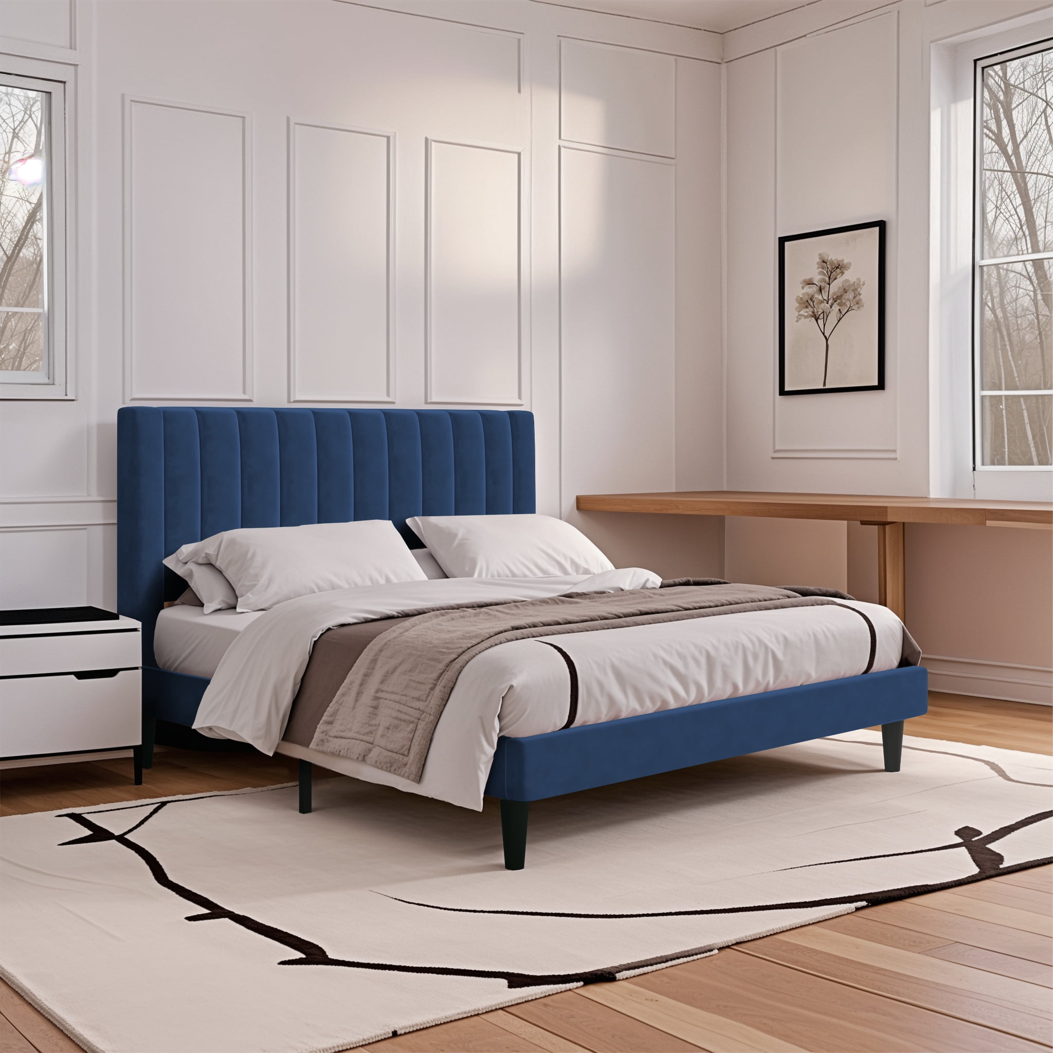 Einfach King Size Platform Bed Frame with Upholstered Velvet Vertical Headboard, Blue