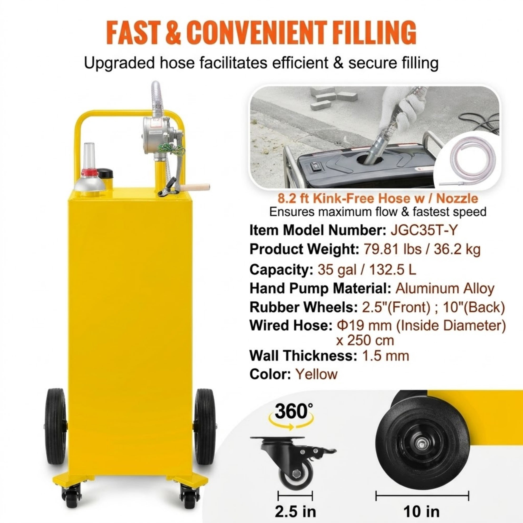 35 Gallon Fuel Caddy, Portable Gas Storage Tank on 4 Wheels with Manual Transfer Pump, Yellow Gasoline & Diesel Container