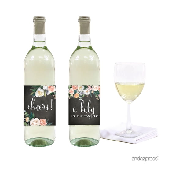 Peach Chalkboard Floral Garden, Wine or Apple Cider Bottle Labels, 10-Pack