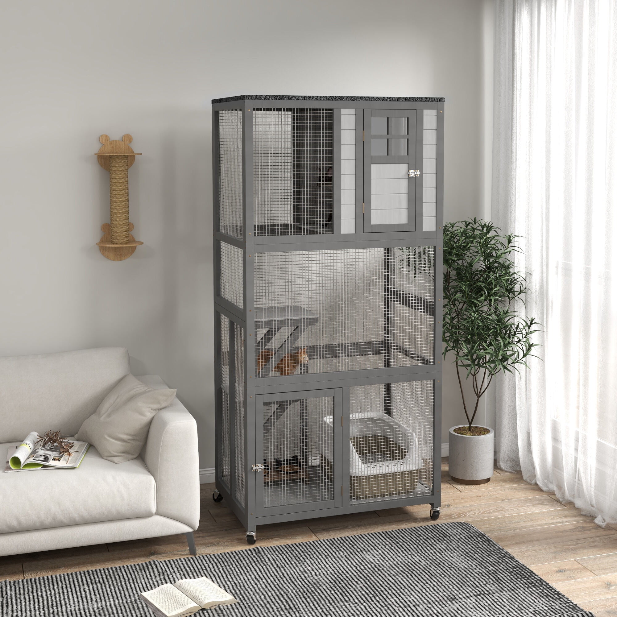 Dog Crate, PawHut 74" Wooden Catio Outdoor Cat House Weatherproof & Wheeled, Outside Cat Enclosure with High Weight Capacity, Kitten Cage Condo, Light Gray, Light Gray Pet Playpen,Steel Chicken Coop