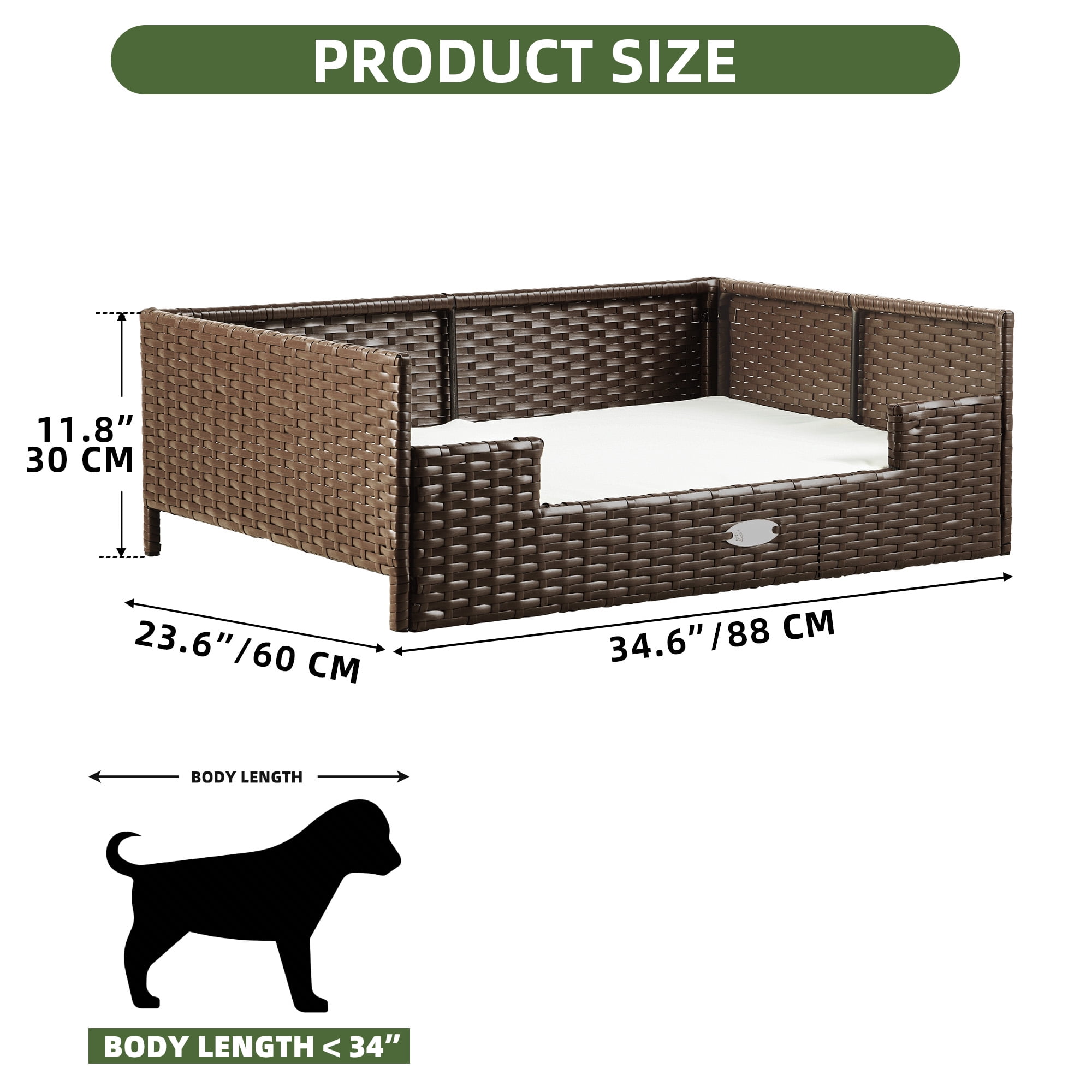 Uforic Rattan Dog Sofa Bed with Beige Cushion,Wicker Pet Bed Sofa Indoor Outdoor,All-weather Protection, Brown&Beige,34.6"L x 23.6"W x 11.8"H