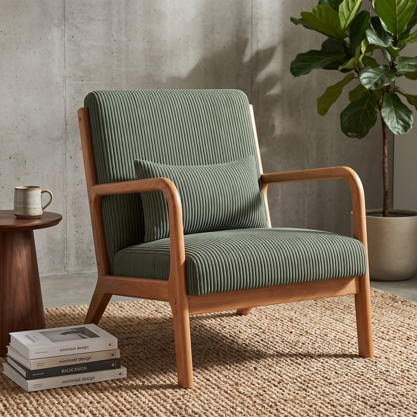 Furnibear Accent Chair, Corduroy Upholstered Lounge Chair with Lumbar Pillow, Ergonomic 105-Degree Backrest, Solid Wood Frame Armchair for Living Room Bedroom, Green