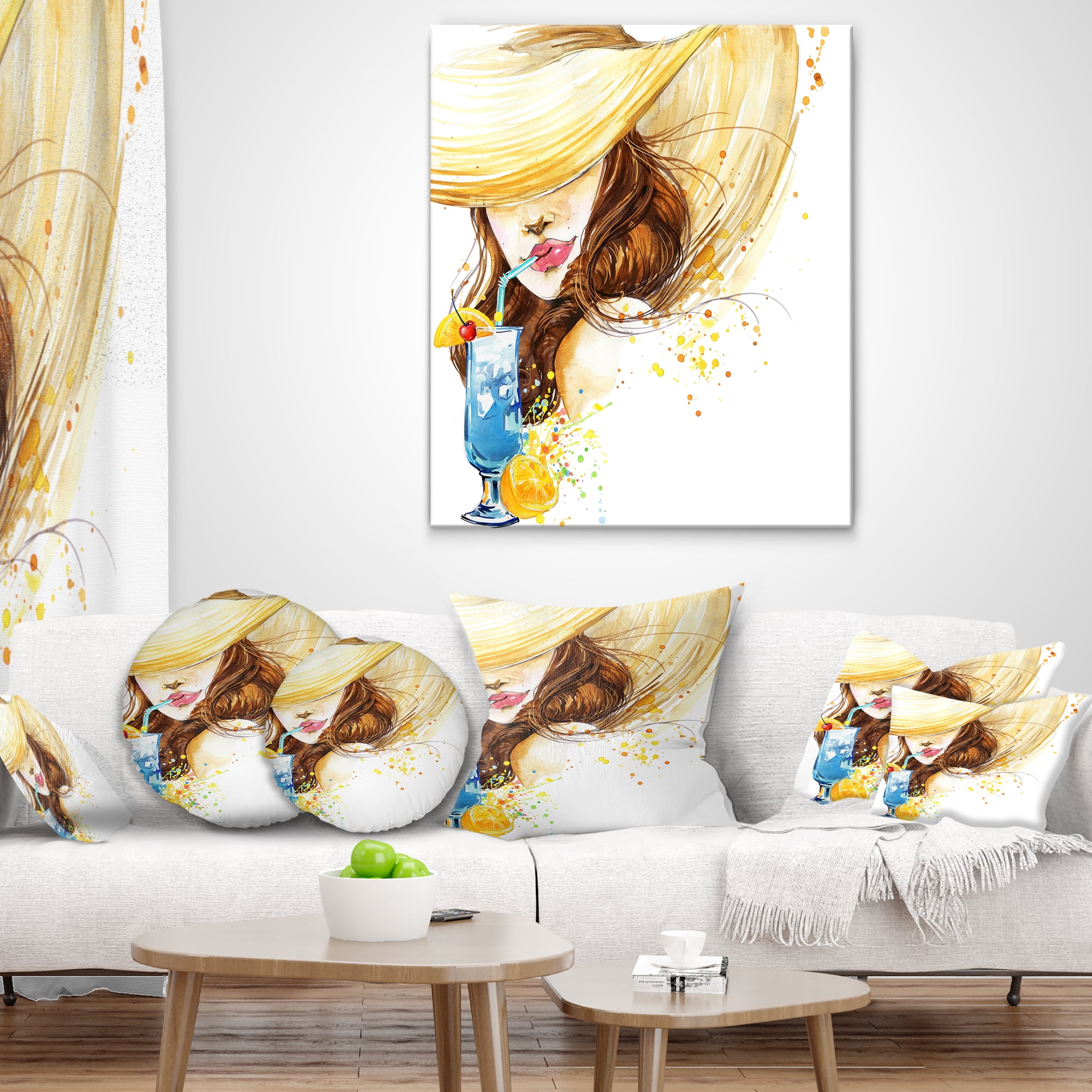 Designart Woman with Fruit Cocktail - Abstract Throw Pillow - 12x20