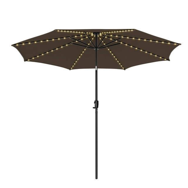 Costway Parasol de Marché pour Patio de 10 Pi avec 112 DEL Solaires, Manivelle Inclinable, Extérieur, Café