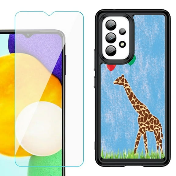 Shockproof Bumper (Black Frame) phone Case for Samsung Galaxy A23 5G, with Tempered Glass Screen Protector, by OneToughShield ® - Giraffe/Balloon