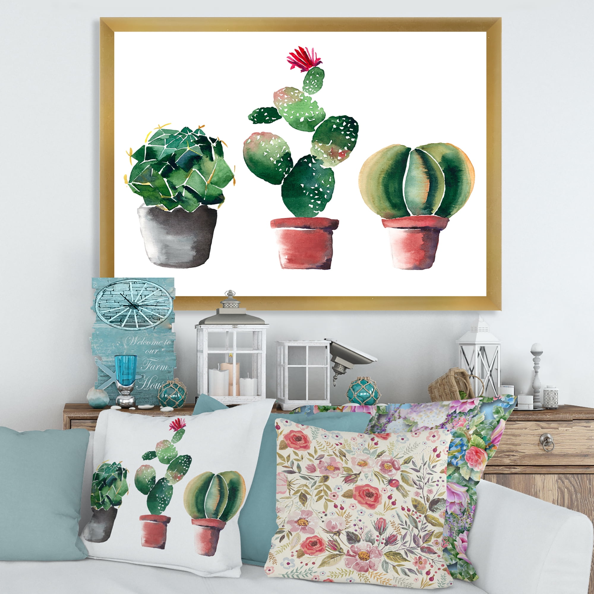 Designart 'Three Cacti In Clay Pots On White' Traditional Framed Art Print