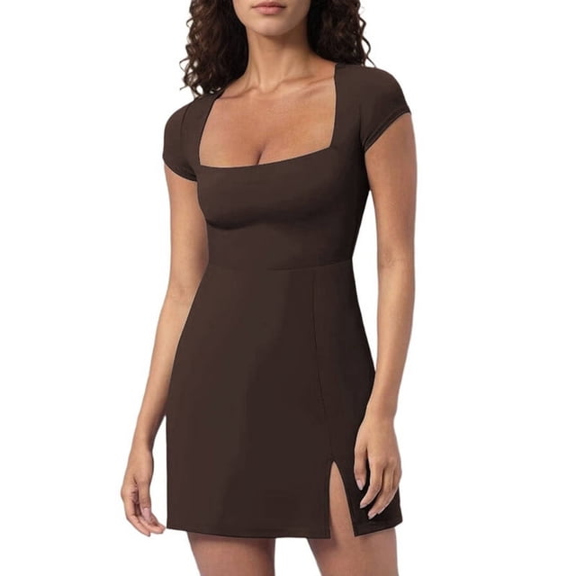 Robes de Tennis pour Femmes à Manches Courtes, Encolure Carrée, Fente Latérale, Doublées, Robe de Golf Athlétique, Couleur Café, TG