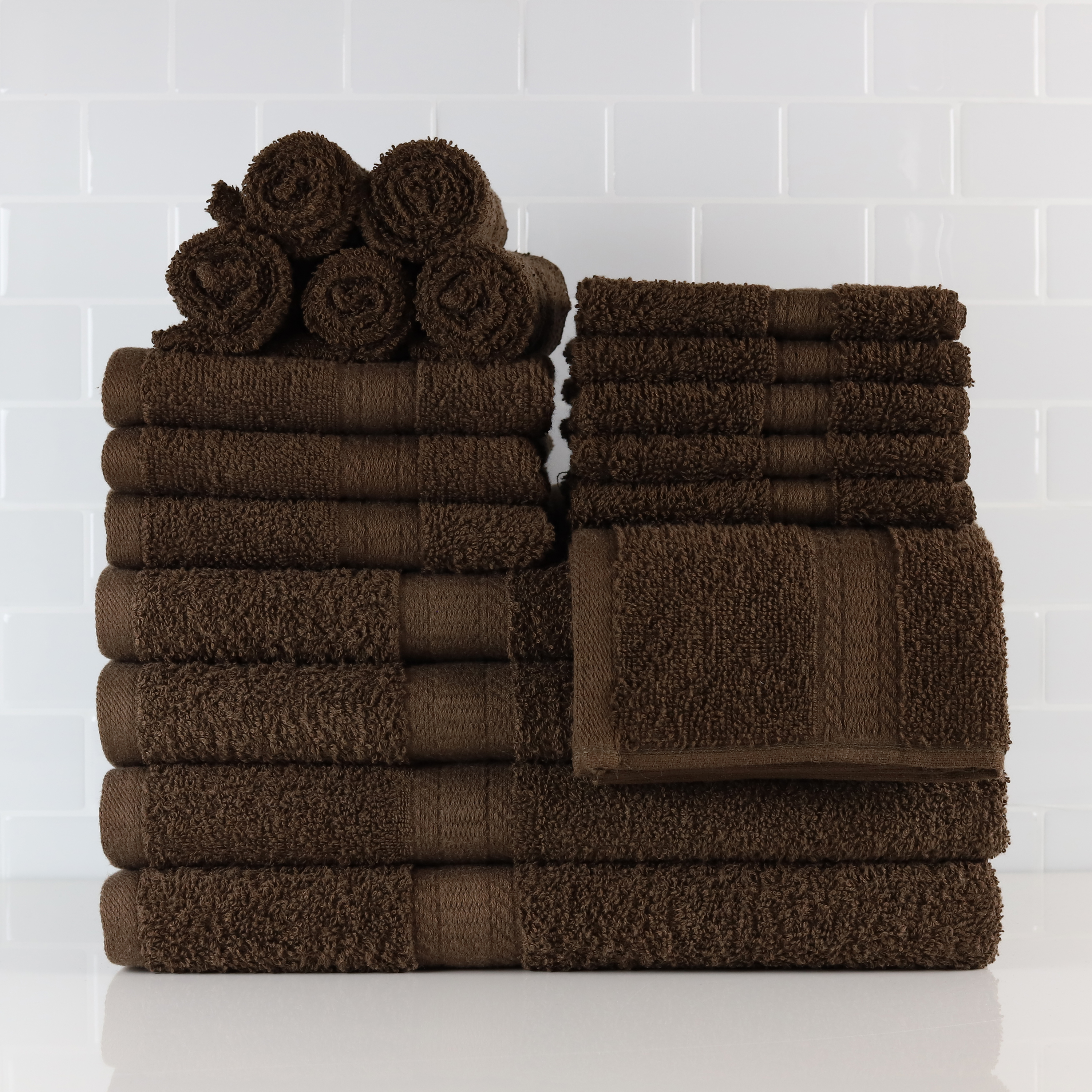 Mainstays Basic Solid 18-Piece Bath Towel Set Collection, Brown - image 10 of 10